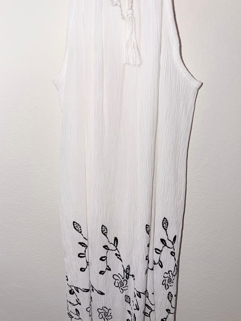 White Sleeveless Maxi Dress with Black Floral Embroidery